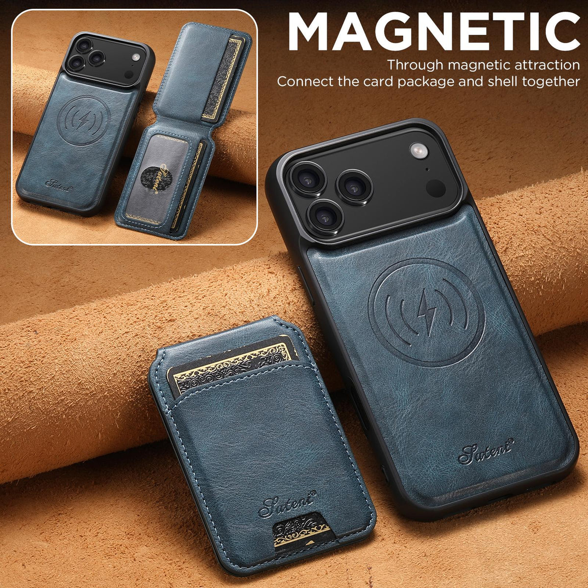 Compatible with iPhone 18 Pro Max Suteni H15 MagSafe Oil Eax Leather Detachable Wallet Back Phone Case - Blue