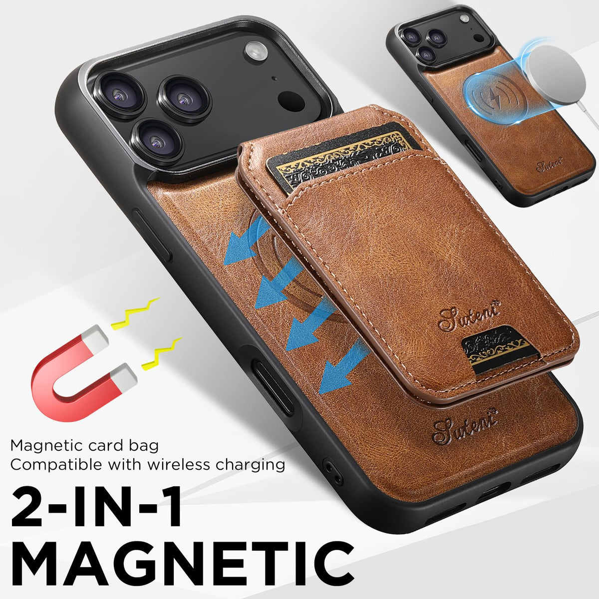 Compatible with iPhone 18 Pro Suteni H15 MagSafe Oil Eax Leather Detachable Wallet Back Phone Case - Brown