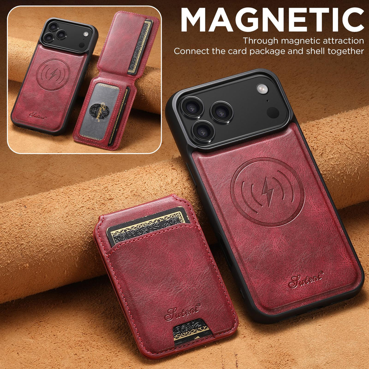 Compatible with iPhone 18 Pro Suteni H15 MagSafe Oil Eax Leather Detachable Wallet Back Phone Case - Red