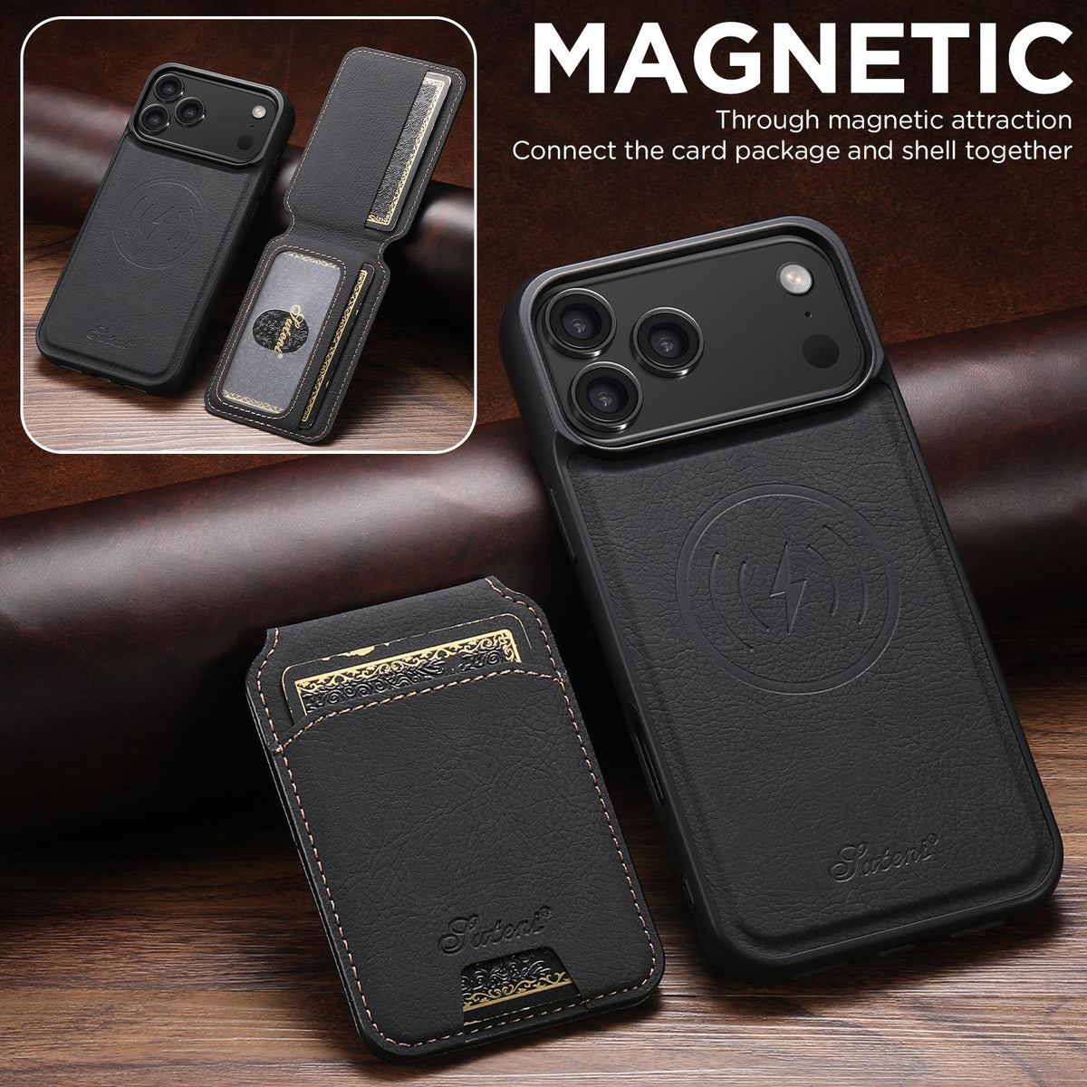 Compatible with iPhone 18 Pro Max Suteni H16 Litchi Texture Leather Detachable Wallet Back Phone Case - Black