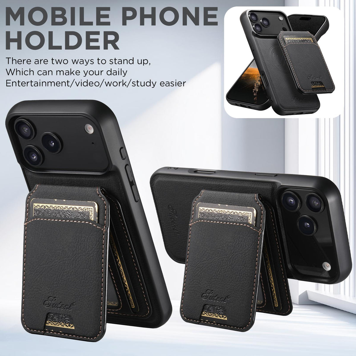 Compatible with iPhone 18 Pro Max Suteni H16 Litchi Texture Leather Detachable Wallet Back Phone Case - Black