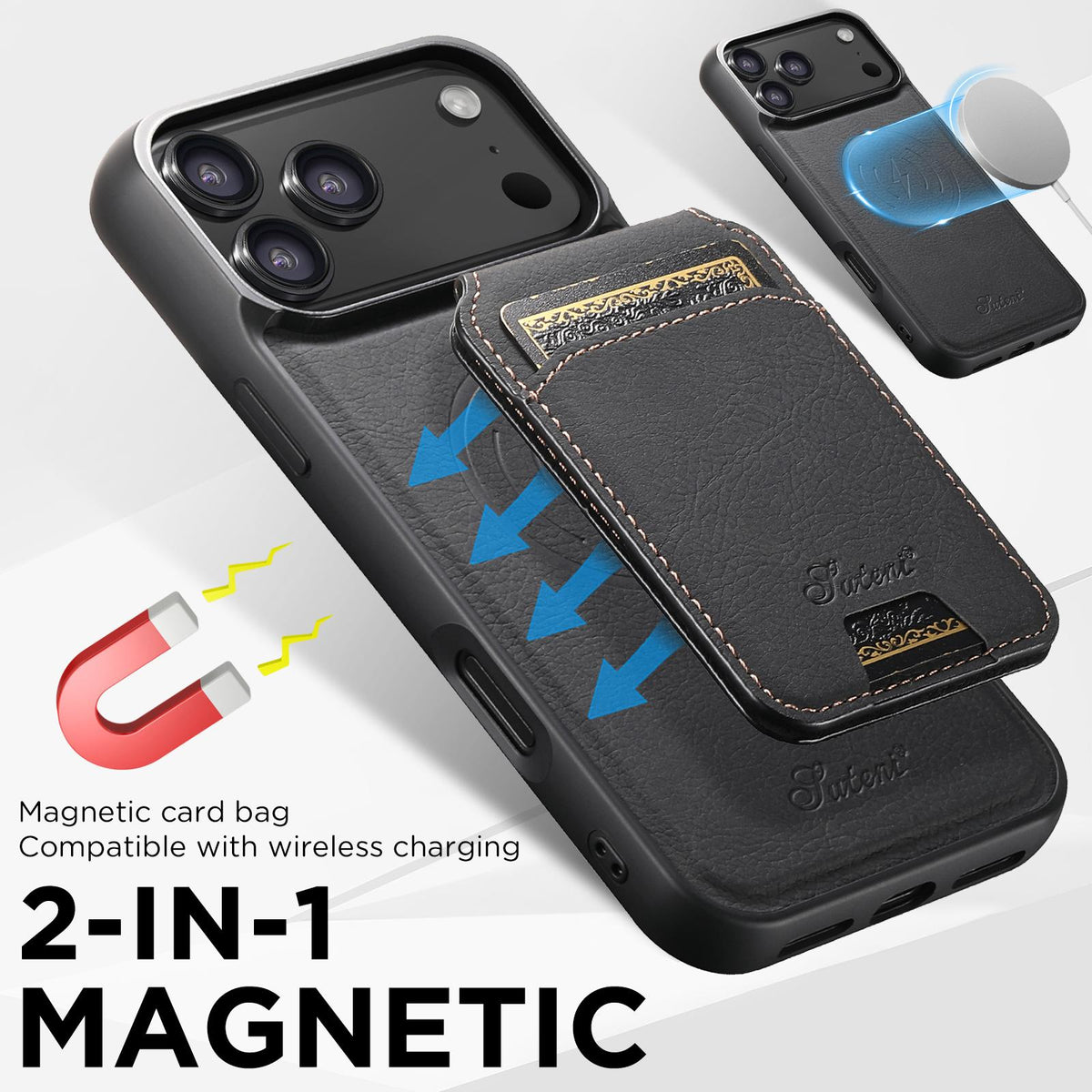 Compatible with iPhone 18 Pro Max Suteni H16 Litchi Texture Leather Detachable Wallet Back Phone Case - Black