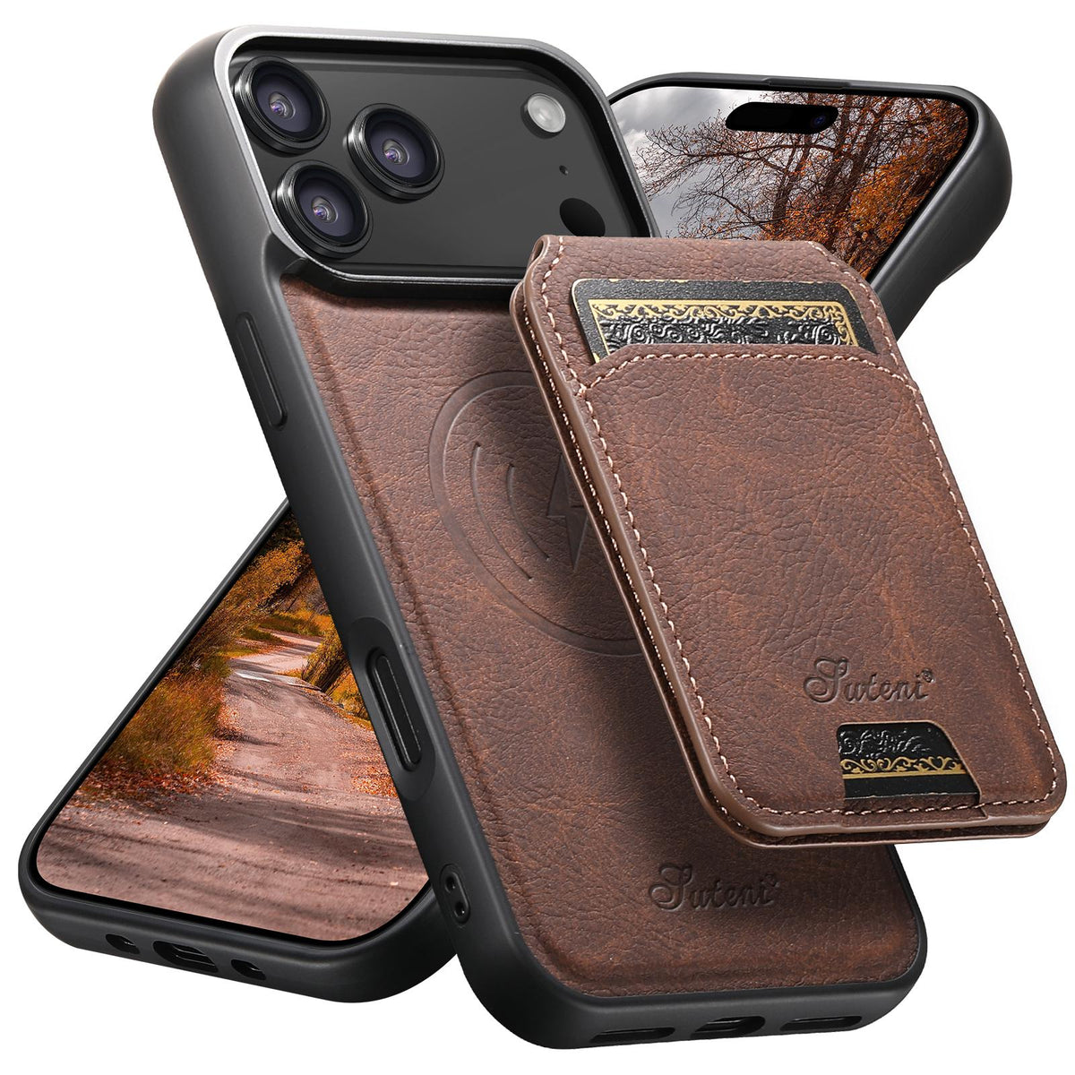 Compatible with iPhone 18 Pro Max Suteni H16 Litchi Texture Leather Detachable Wallet Back Phone Case - Brown