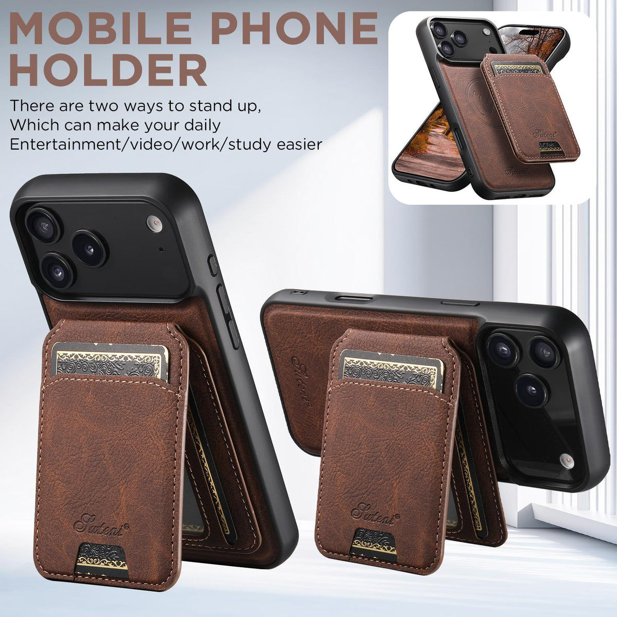 Compatible with iPhone 18 Pro Max Suteni H16 Litchi Texture Leather Detachable Wallet Back Phone Case - Brown