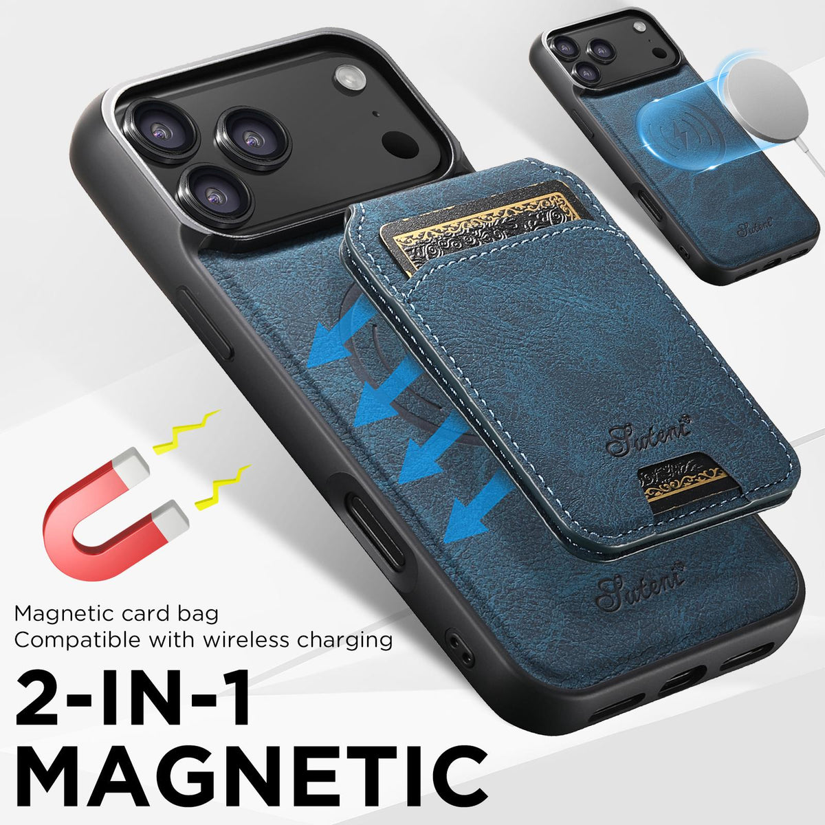 Compatible with iPhone 18 Pro Max Suteni H16 Litchi Texture Leather Detachable Wallet Back Phone Case - Blue
