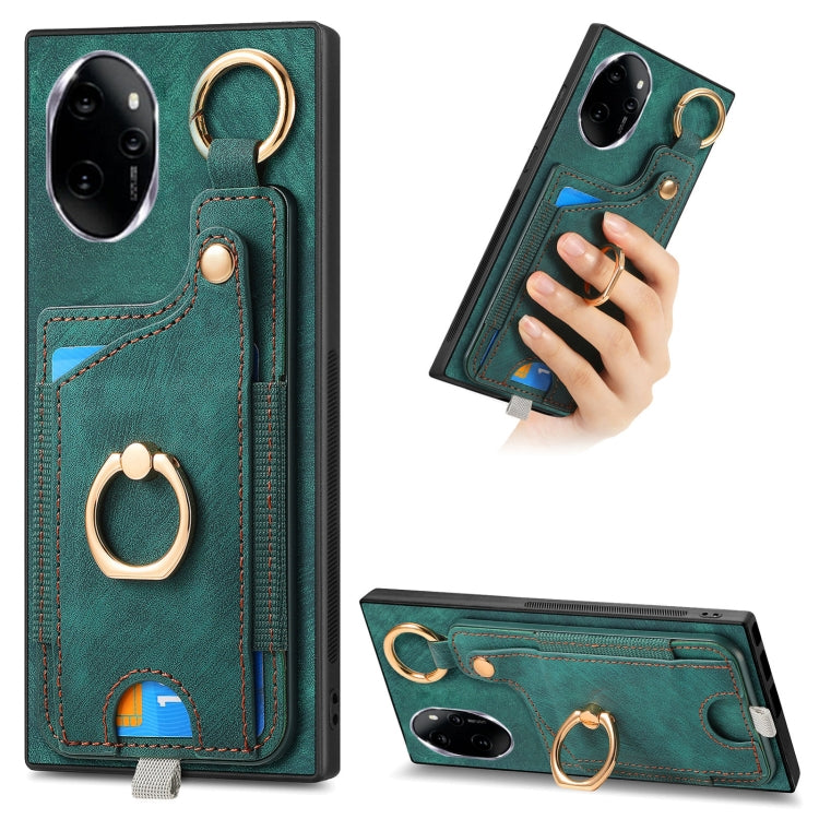 For Honor 100 5G Retro Skin-feel Ring Card Bag Phone Case with Hang Loop(Green)