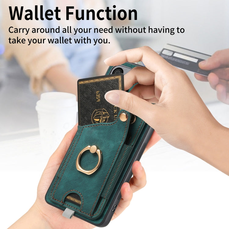 For Honor 100 5G Retro Skin-feel Ring Card Bag Phone Case with Hang Loop(Green)