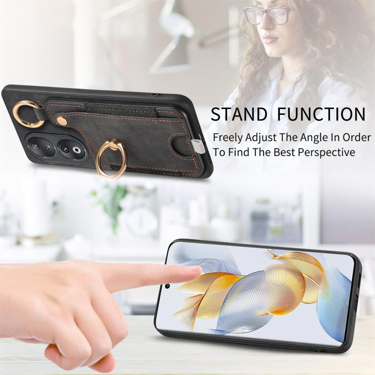 For Honor 100 5G Retro Skin-feel Ring Card Bag Phone Case with Hang Loop(Black)