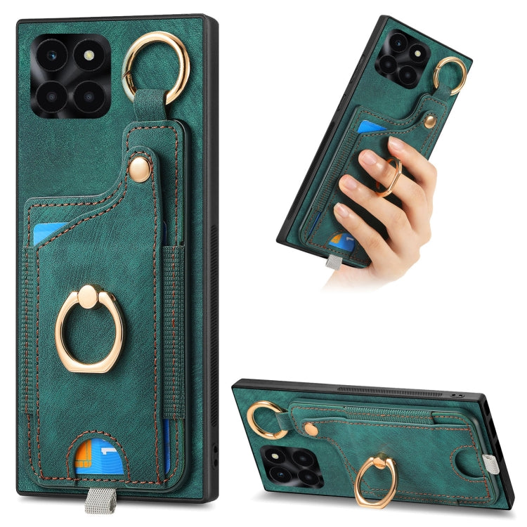 For Honor X6A Retro Skin-feel Ring Card Bag Phone Case with Hang Loop(Green)