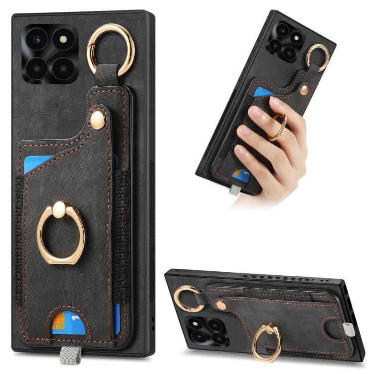 For Honor X6A Retro Skin-feel Ring Card Bag Phone Case with Hang Loop(Black)