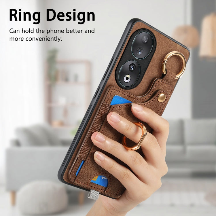 For Honor 90 Pro Retro Skin-feel Ring Card Bag Phone Case with Hang Loop(Brown)
