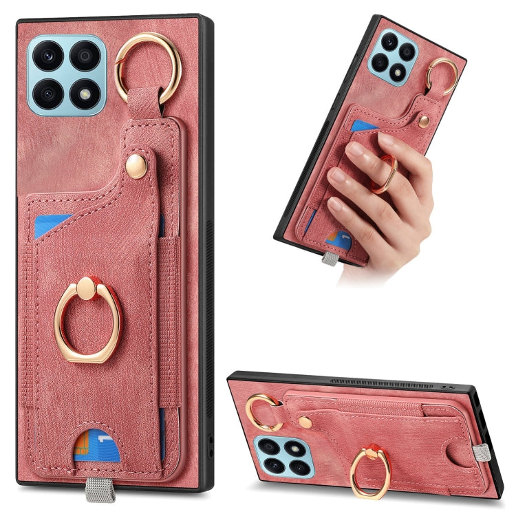 For Honor X8A Retro Skin-feel Ring Card Bag Phone Case with Hang Loop(Pink)