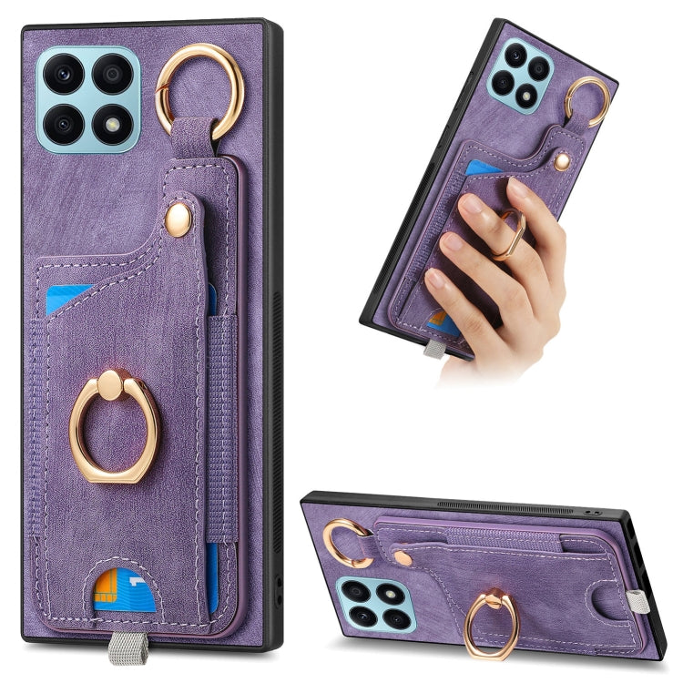 For Honor X8A Retro Skin-feel Ring Card Bag Phone Case with Hang Loop(Purple)