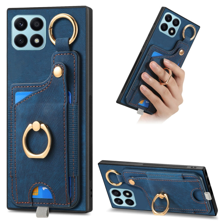 For Honor X8A Retro Skin-feel Ring Card Bag Phone Case with Hang Loop(Blue)