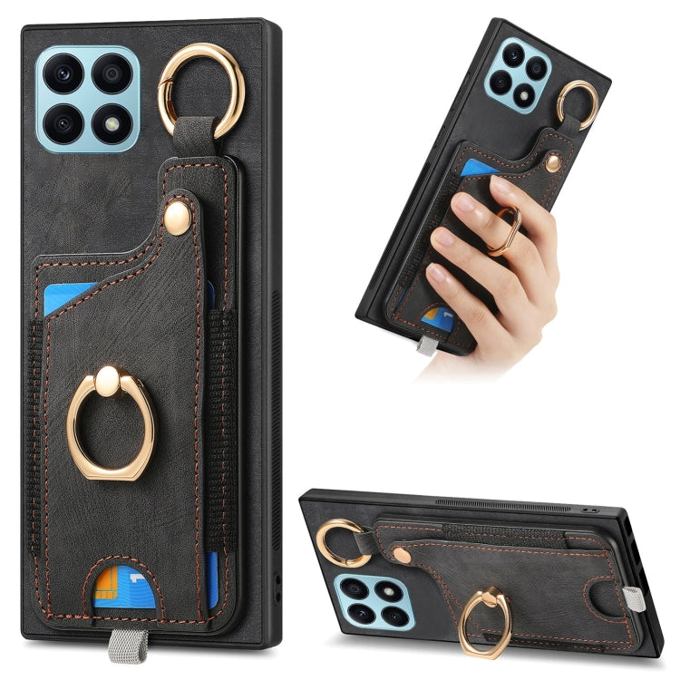 For Honor X8A Retro Skin-feel Ring Card Bag Phone Case with Hang Loop(Black)