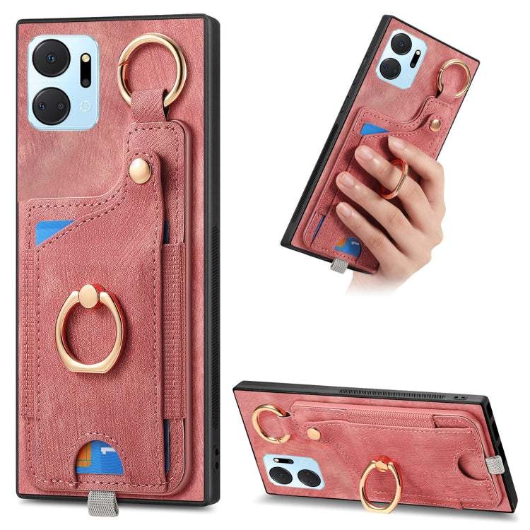 For Honor X7A Retro Skin-feel Ring Card Bag Phone Case with Hang Loop(Pink)