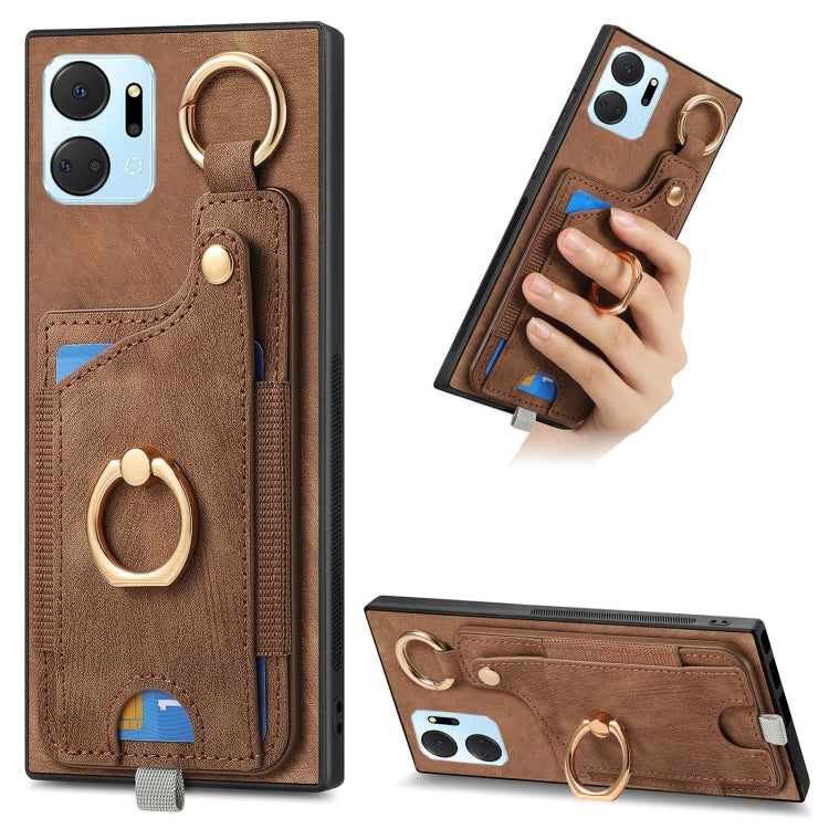 For Honor X7A Retro Skin-feel Ring Card Bag Phone Case with Hang Loop(Brown)