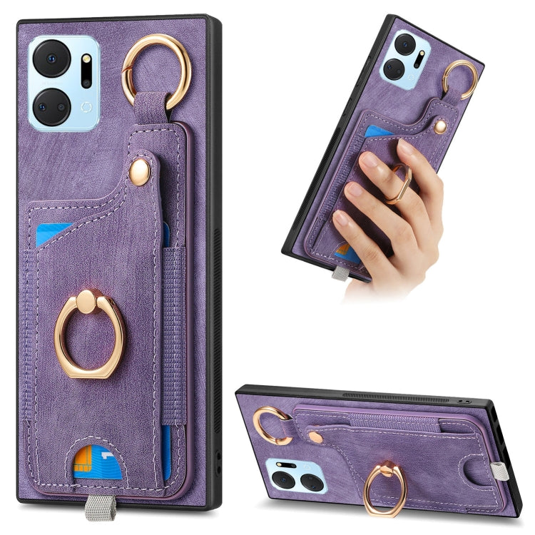 For Honor X7A Retro Skin-feel Ring Card Bag Phone Case with Hang Loop(Purple)