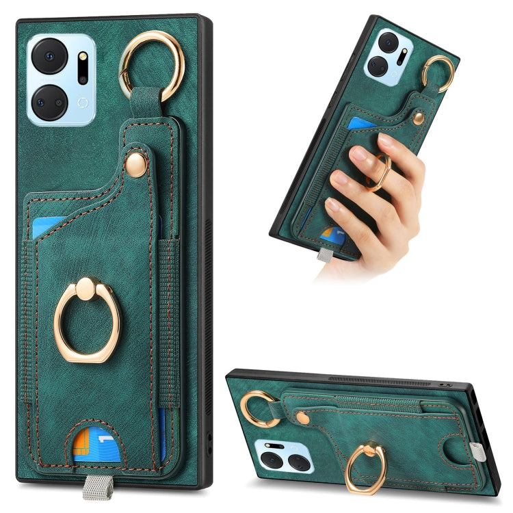 For Honor X7A Retro Skin-feel Ring Card Bag Phone Case with Hang Loop(Green)