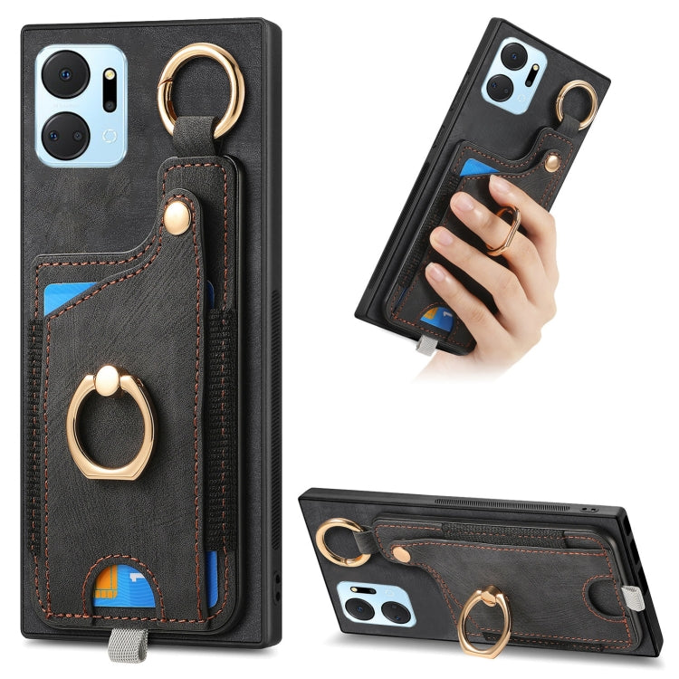 For Honor X7A Retro Skin-feel Ring Card Bag Phone Case with Hang Loop(Black)