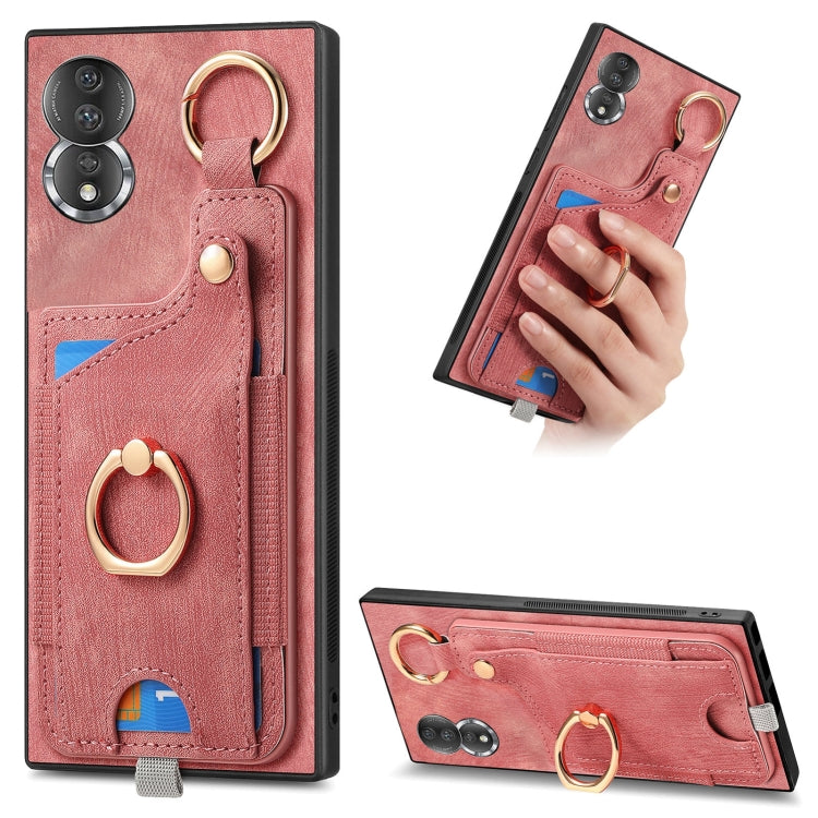 For Honor 80 Retro Skin-feel Ring Card Bag Phone Case with Hang Loop(Pink)