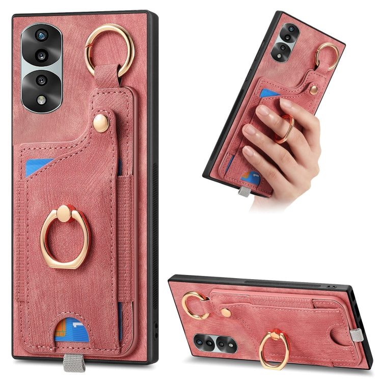 For Honor 70 Pro Retro Skin-feel Ring Card Bag Phone Case with Hang Loop(Pink)