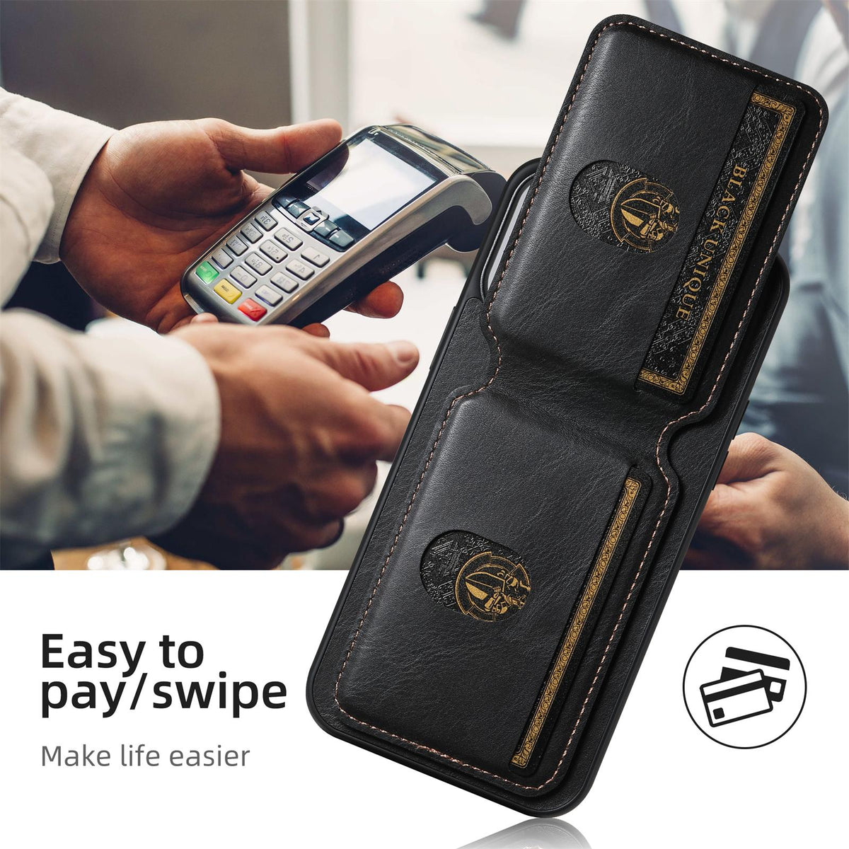 Compatible with iPhone 18 Pro Max Suteni H02 Leather Wallet Stand Back Phone Case - Black