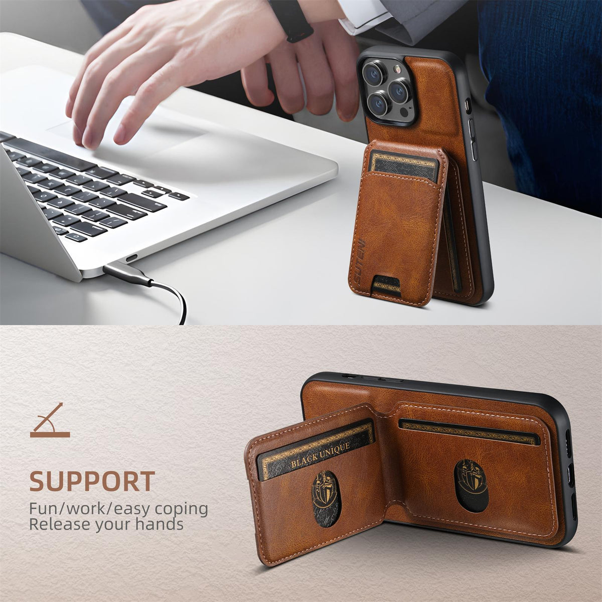 Compatible with iPhone 18 Pro Max Suteni H02 Leather Wallet Stand Back Phone Case - Brown