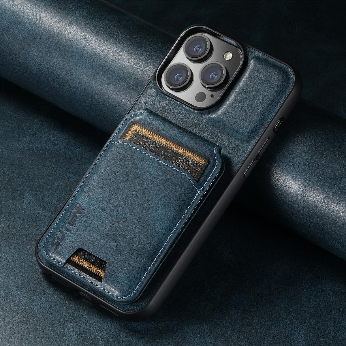 Compatible with iPhone 18 Pro Suteni H02 Leather Wallet Stand Back Phone Case - Blue
