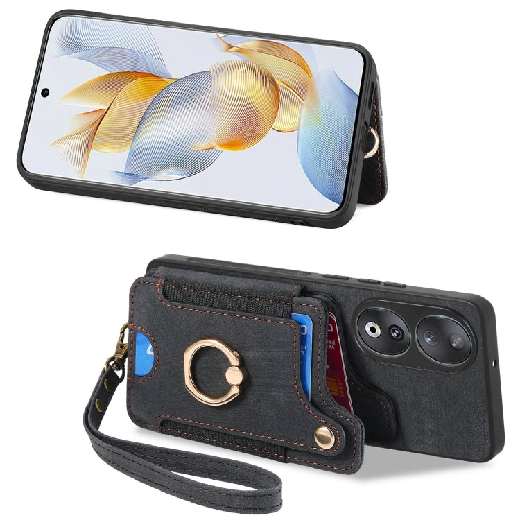For Honor 90 Retro Skin-feel Ring Multi-card RFID Wallet Phone Case(Black)