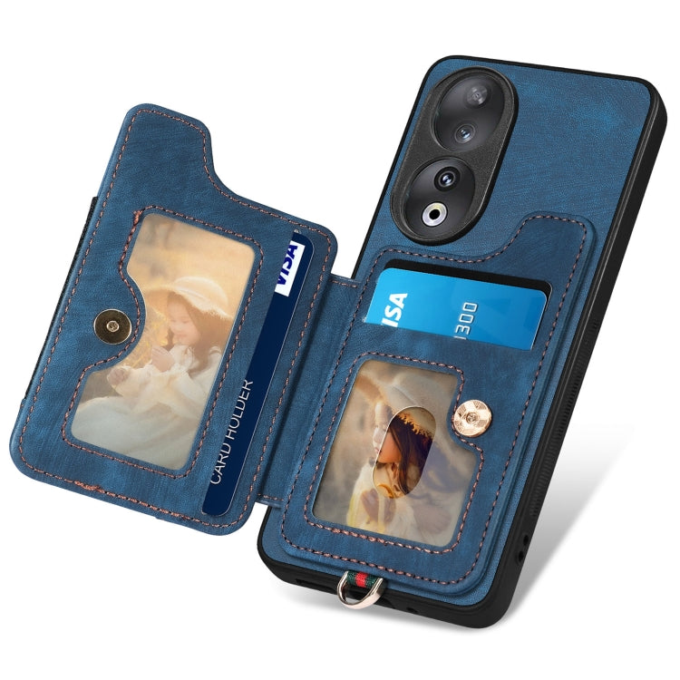 For Honor 90 Retro Skin-feel Ring Multi-card RFID Wallet Phone Case(Blue)