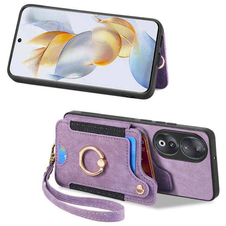 For Honor 90 Retro Skin-feel Ring Multi-card RFID Wallet Phone Case(Purple)
