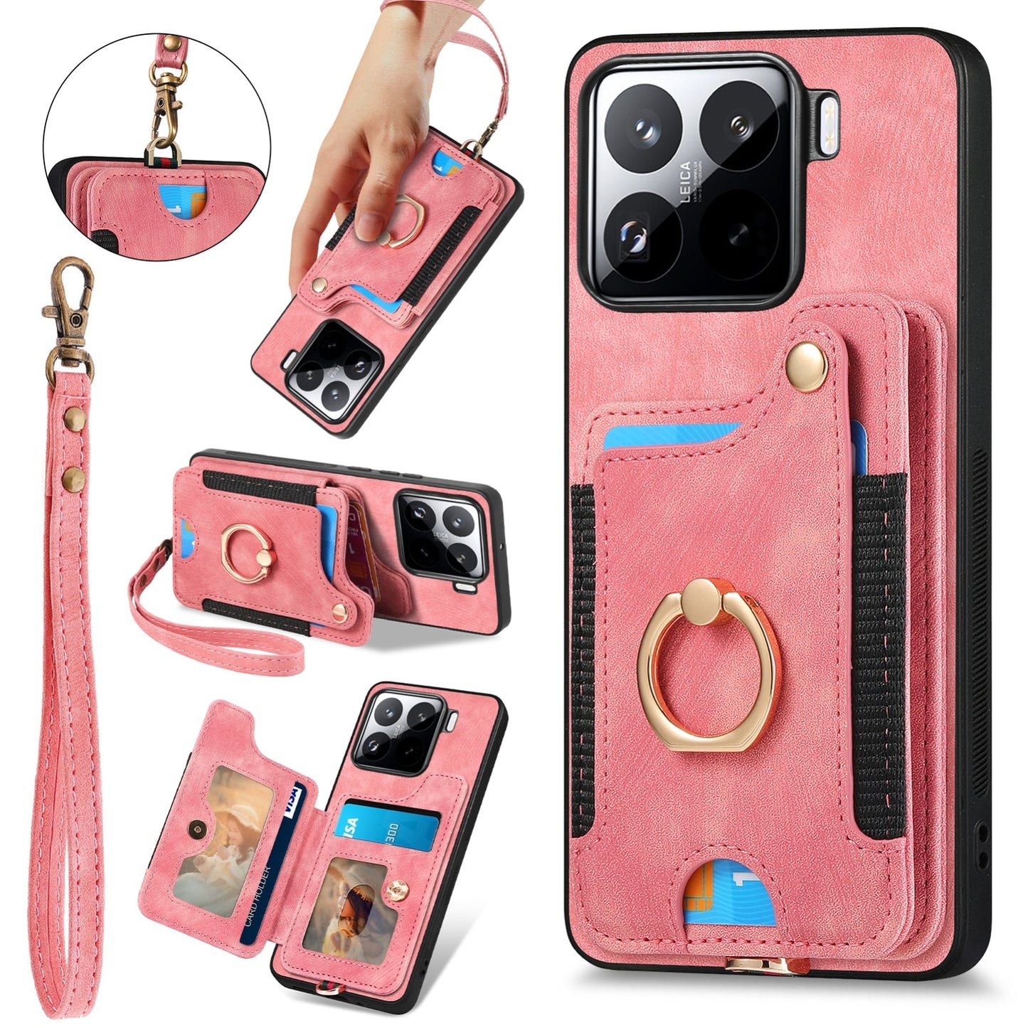 For Xiaomi 15 Pro Retro Skin-feel Ring Multi-card RFID Wallet Phone Case(Pink)