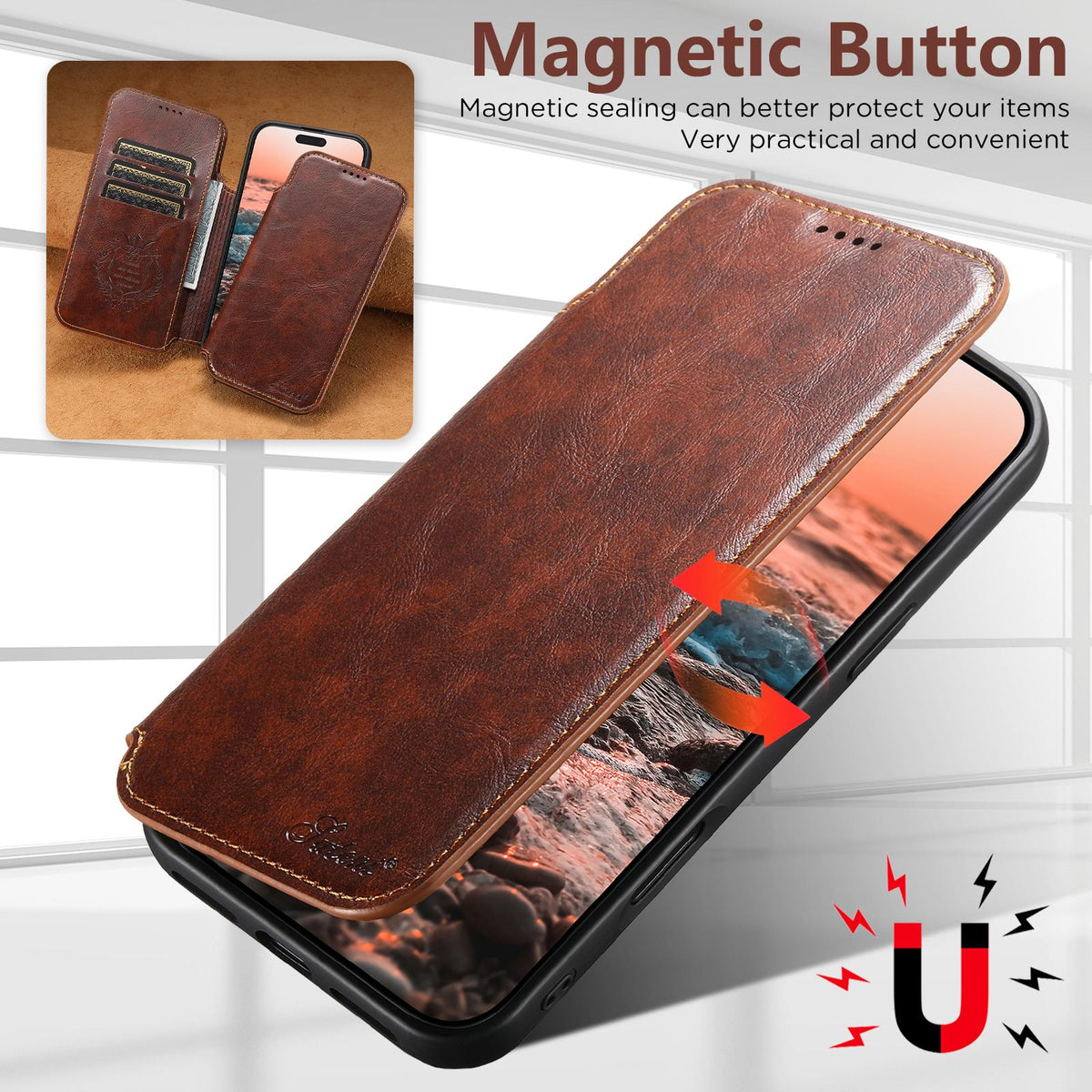 Compatible with iPhone 18 Pro Max Suteni J05 Leather Magnetic MagSafe Phone Case - Khaki