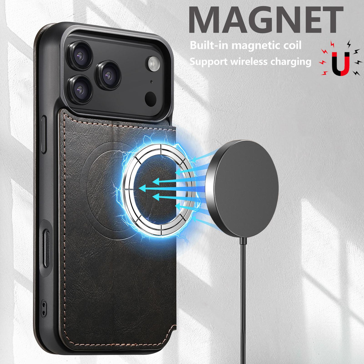 Compatible with iPhone 18 Pro Suteni J05 Leather Magnetic MagSafe Phone Case - Black