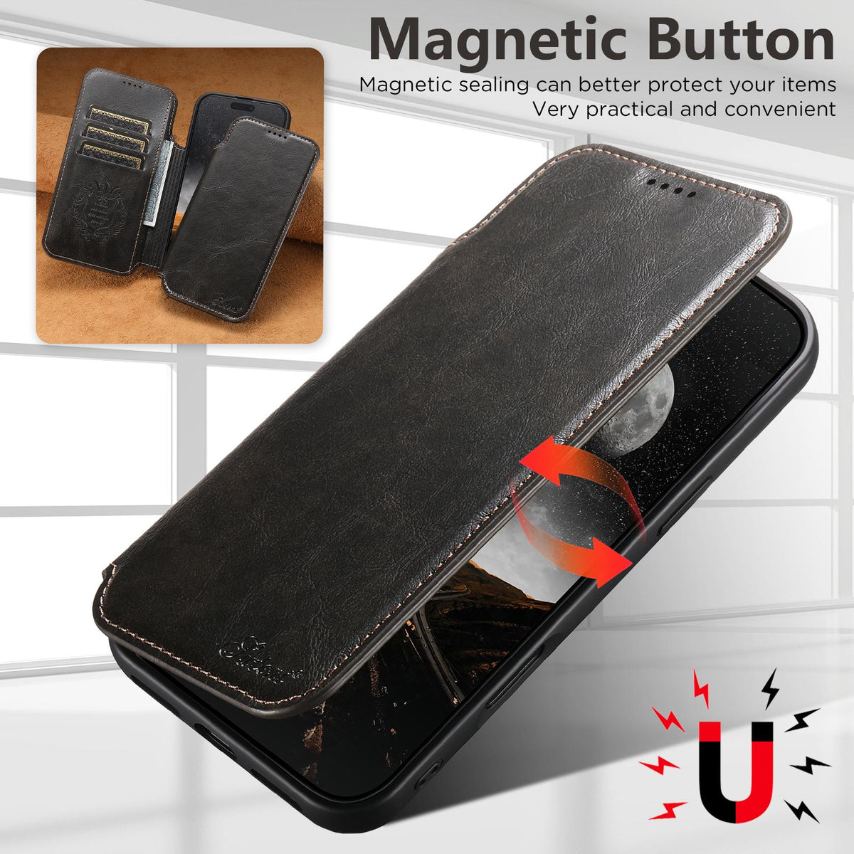 Compatible with iPhone 18 Pro Suteni J05 Leather Magnetic MagSafe Phone Case - Black