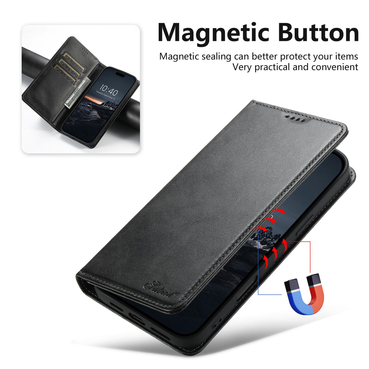 Compatible with iPhone 18 Pro Max Suteni Calf Texture Horizontal Flip Leather Phone Case - Black