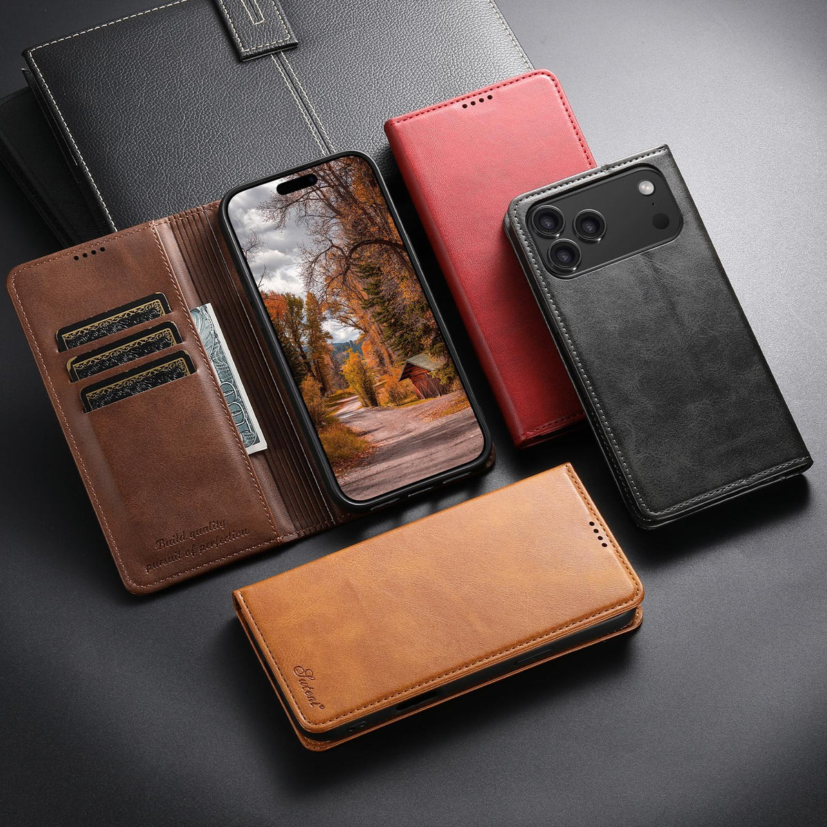 Compatible with iPhone 18 Pro Max Suteni Calf Texture Horizontal Flip Leather Phone Case - Brown