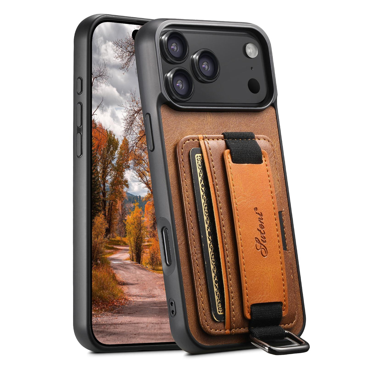 Compatible with iPhone 18 Pro Max Suteni H13 Card Wallet Wrist Strap Holder PU Phone Case - Brown