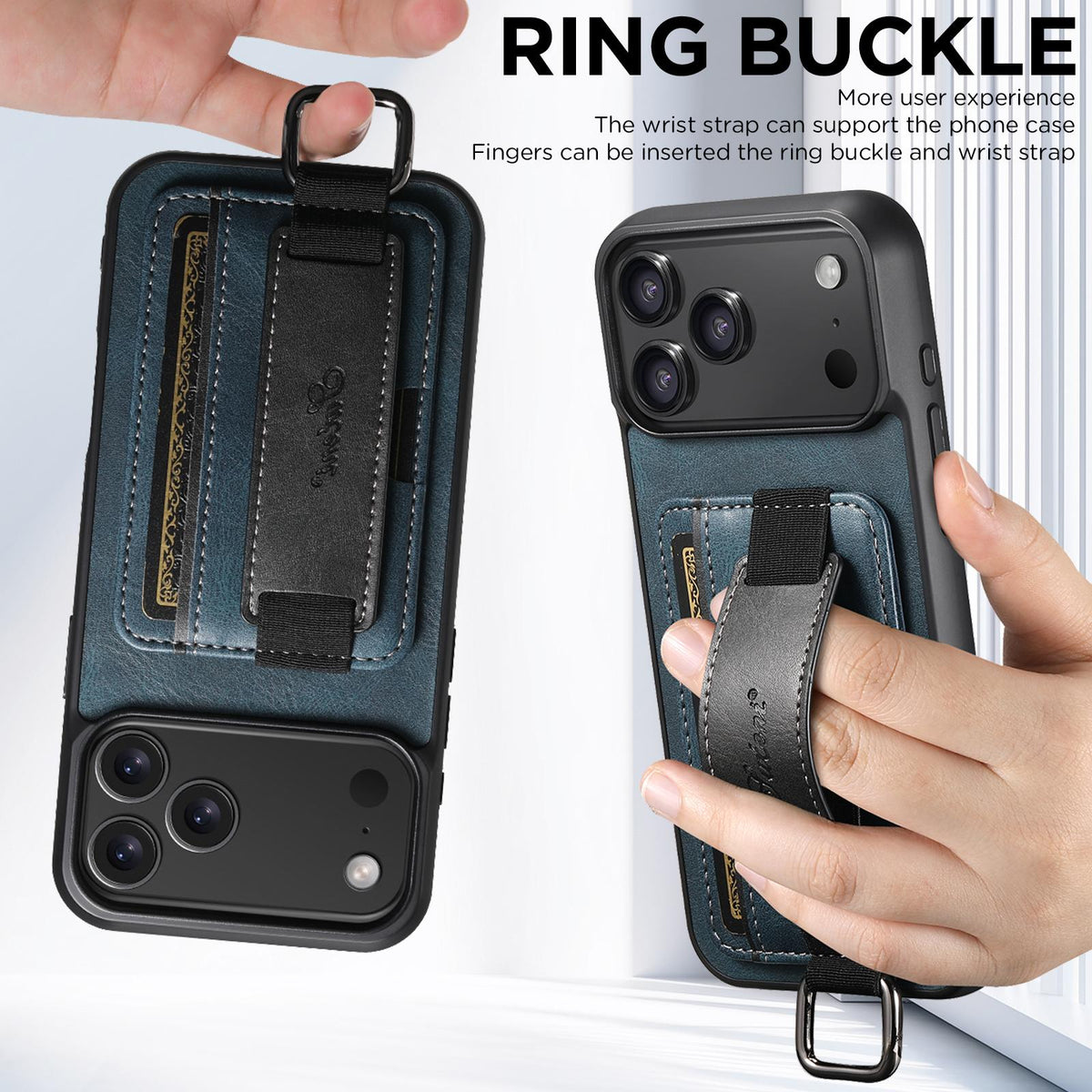 Compatible with iPhone 18 Pro Max Suteni H13 Card Wallet Wrist Strap Holder PU Phone Case - Blue