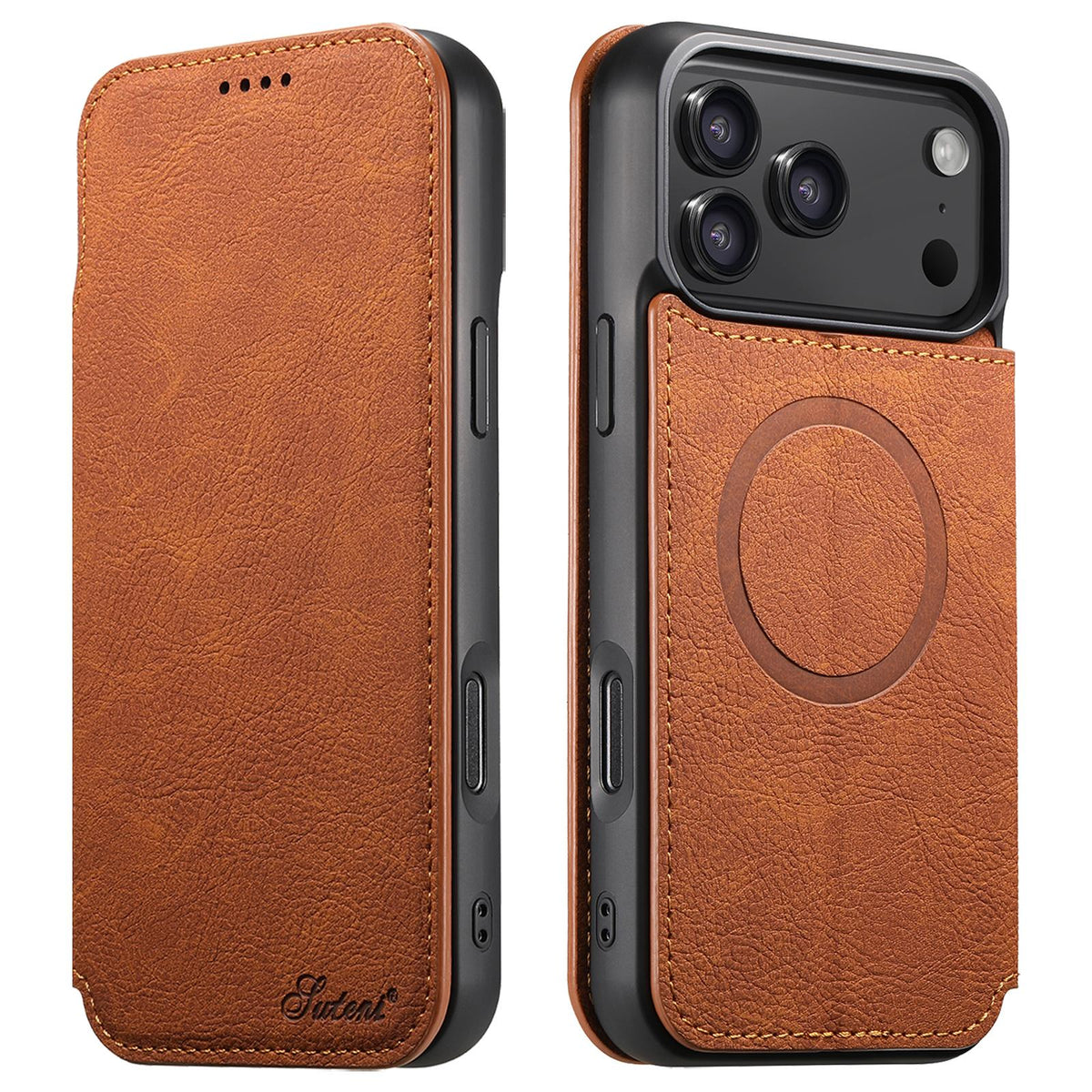 Compatible with iPhone 18 Pro Max Suteni J06 Retro Matte Litchi Texture Leather MagSafe Phone Case - Khaki