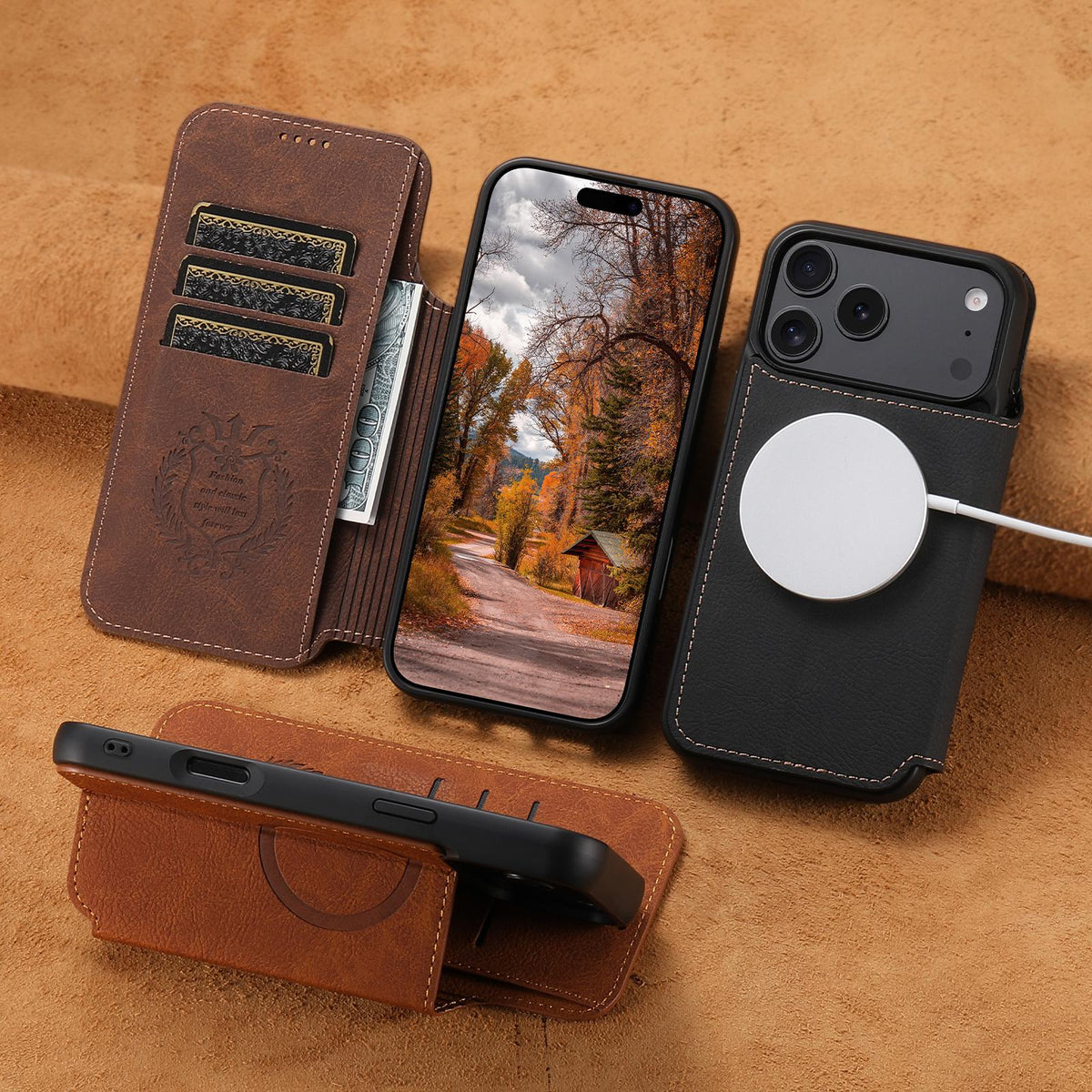 Compatible with iPhone 18 Pro Max Suteni J06 Retro Matte Litchi Texture Leather MagSafe Phone Case - Khaki