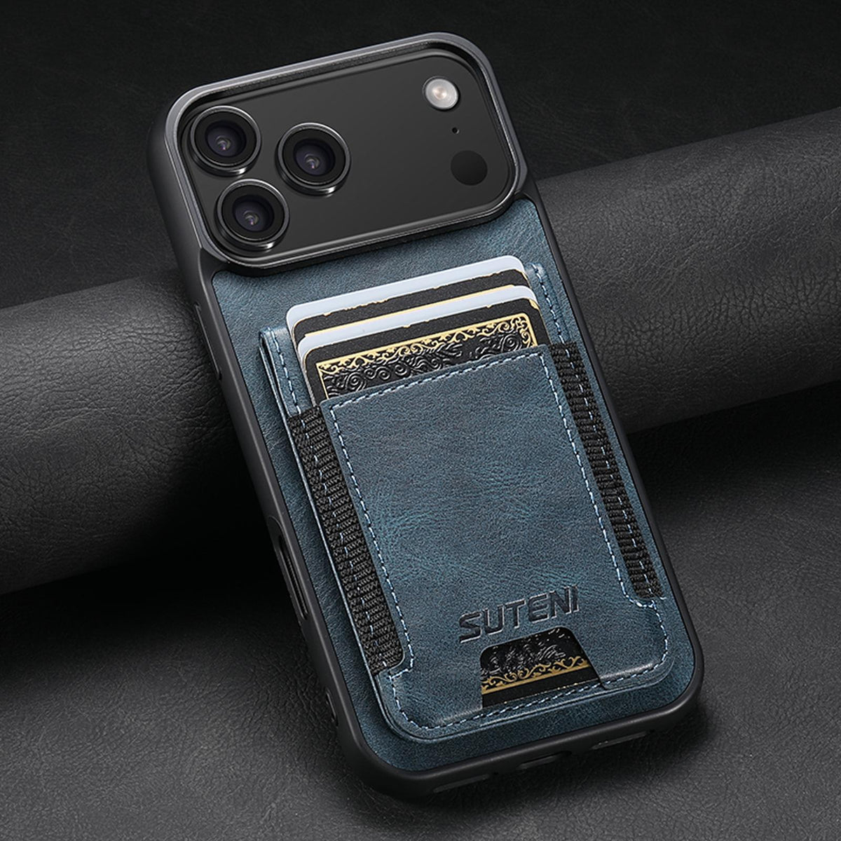 Compatible with iPhone 18 Pro Max Suteni H03 Oil Wax Leather Wallet Stand Back Phone Case - Blue
