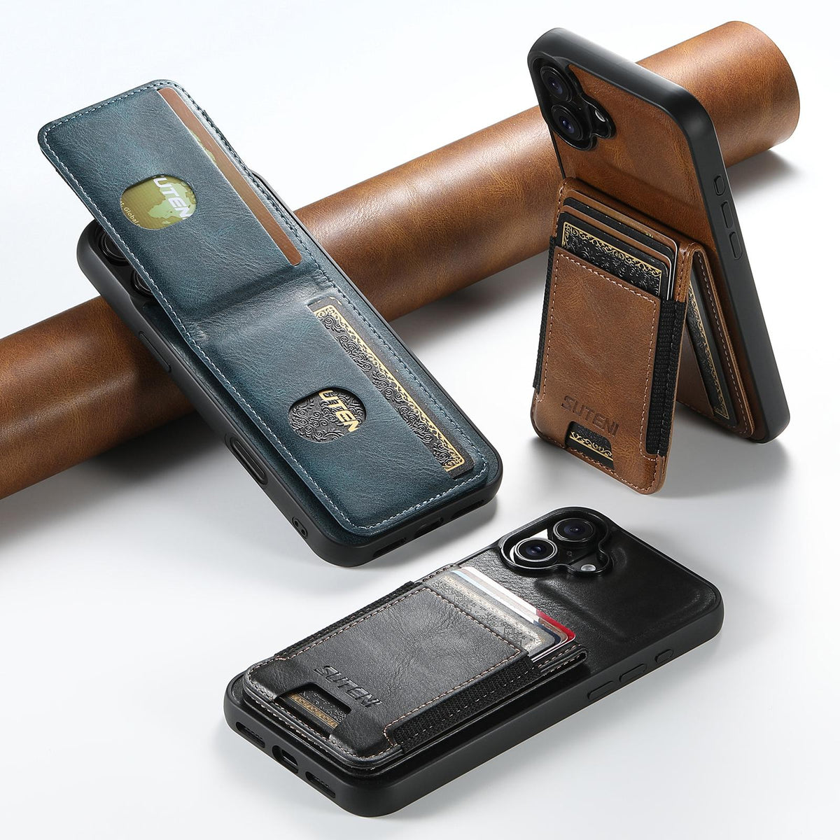 Compatible with iPhone 18 Pro Max Suteni H03 Oil Wax Leather Wallet Stand Back Phone Case - Blue