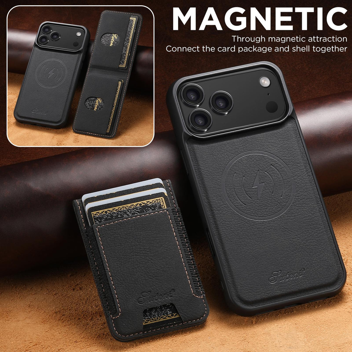 Compatible with iPhone 18 Pro Max Suteni H17 Litchi Texture Leather MagSafe Detachable Wallet Phone Case - Black