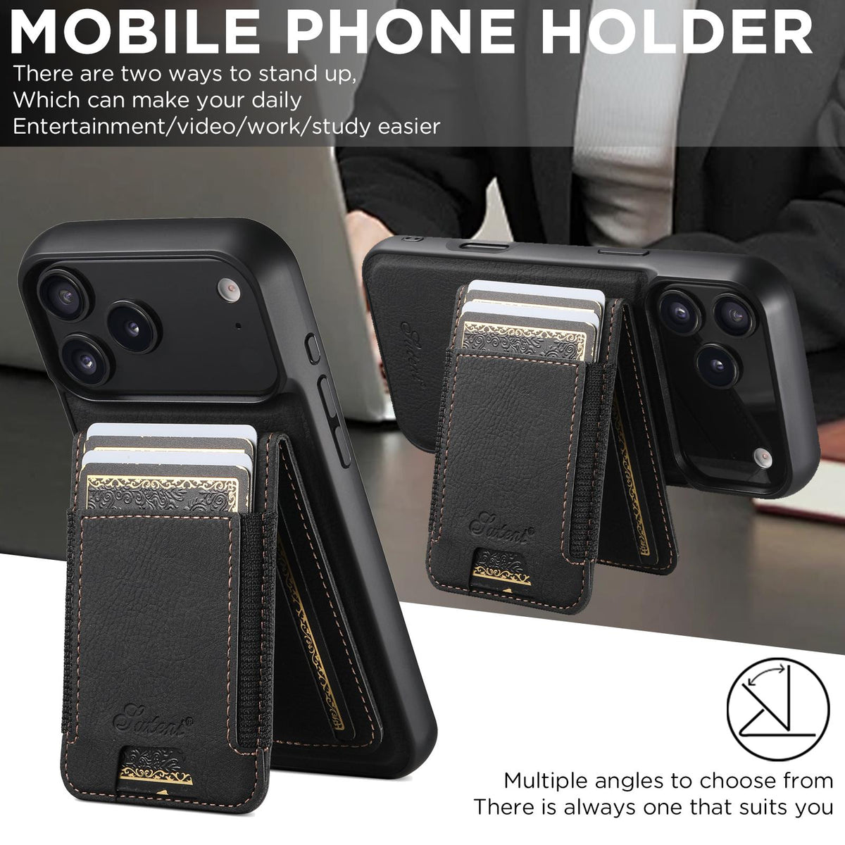 Compatible with iPhone 18 Pro Max Suteni H17 Litchi Texture Leather MagSafe Detachable Wallet Phone Case - Black