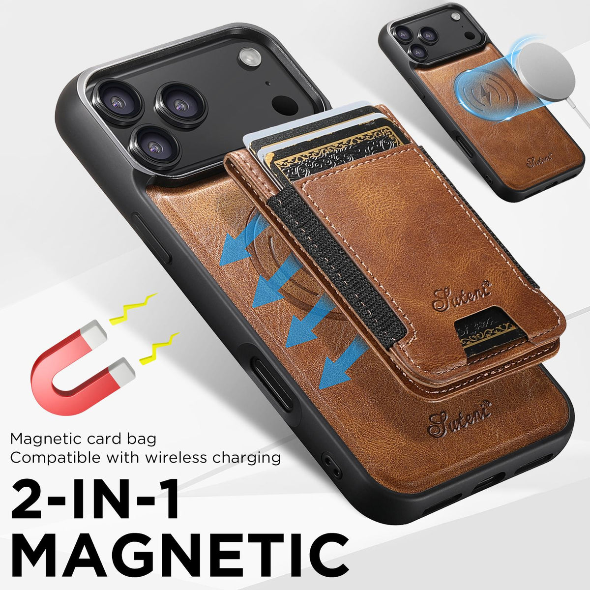 Compatible with iPhone 18 Pro Max Suteni H17 Oil Eax Leather MagSafe Detachable Wallet Phone Case - Brown