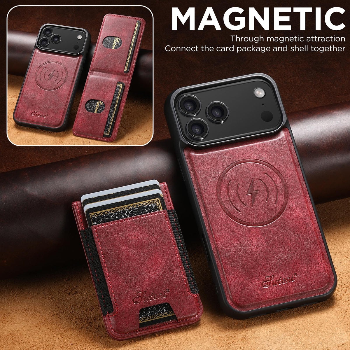 Compatible with iPhone 18 Pro Max Suteni H17 Oil Eax Leather MagSafe Detachable Wallet Phone Case - Red