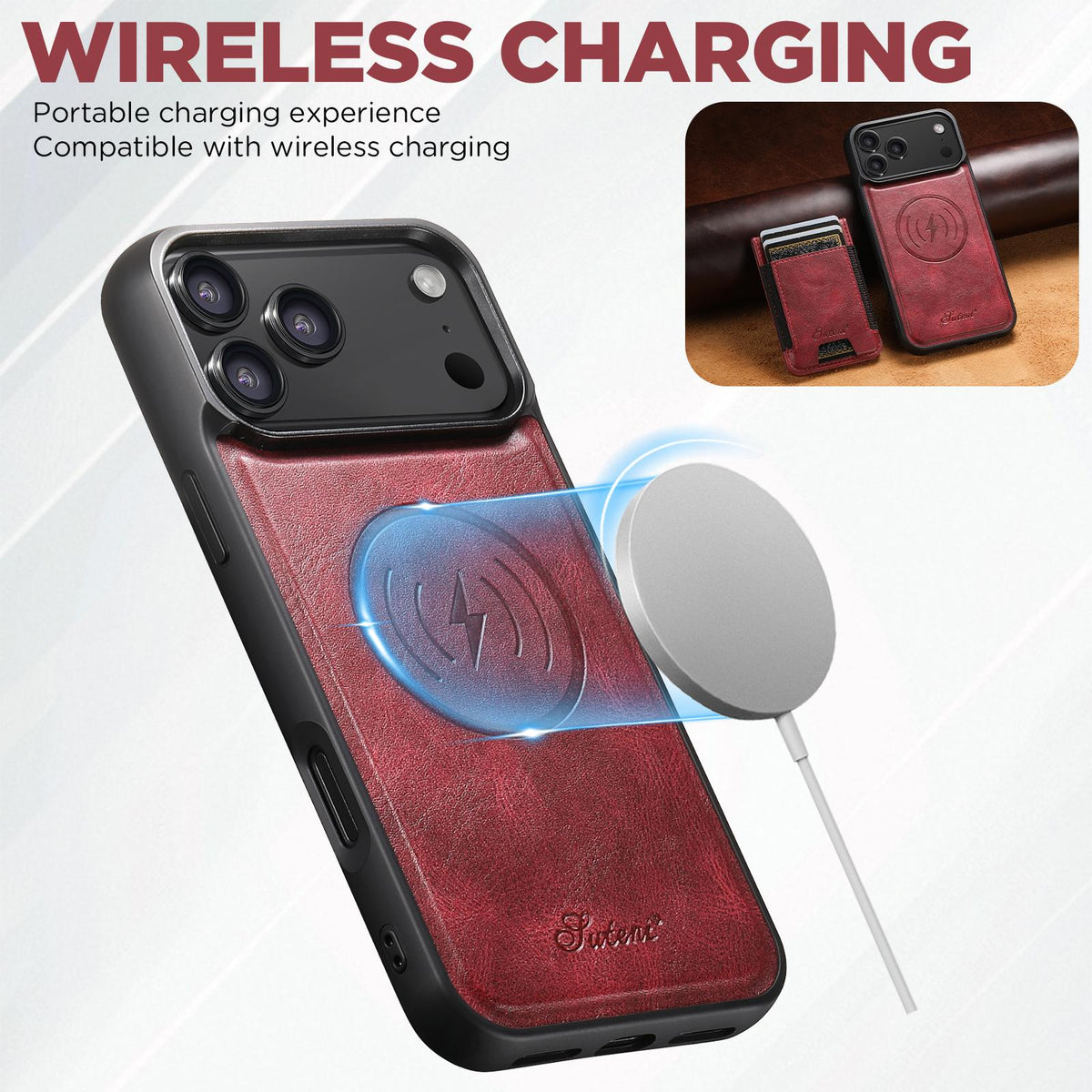 Compatible with iPhone 18 Pro Max Suteni H17 Oil Eax Leather MagSafe Detachable Wallet Phone Case - Red
