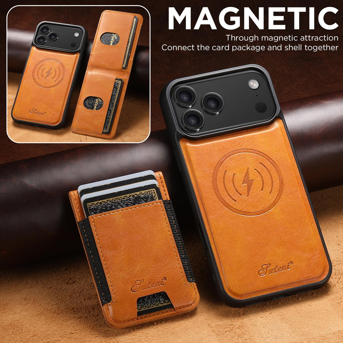 Compatible with iPhone 18 Pro Max Suteni H17 Oil Eax Leather MagSafe Detachable Wallet Phone Case - Khaki